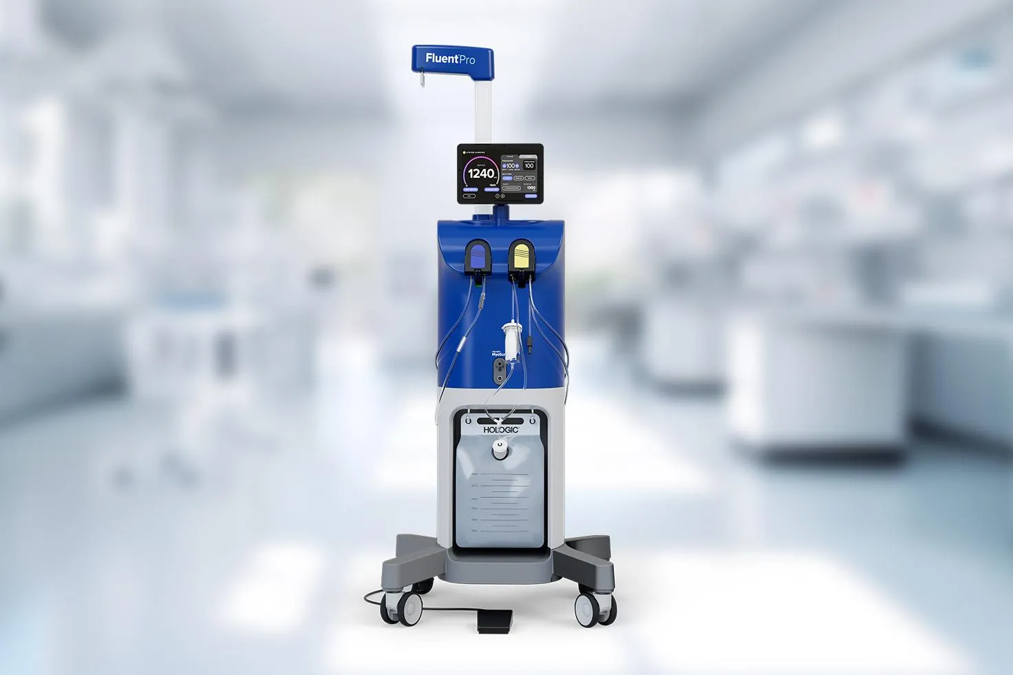 The Hologic Fluent Pro Management System on a blurry background of an operating theatre.